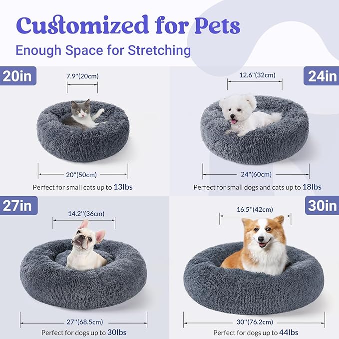 rabbitgoo Cat Beds for Indoor Cats, 20 inches Cat Bed Machine Washable, Fluffy Round Pet Bed Non-Slip, Calming Soft Plush Donut Cuddler Cushion Self Warming for Small Dogs Kittens, Dark Grey, Medium