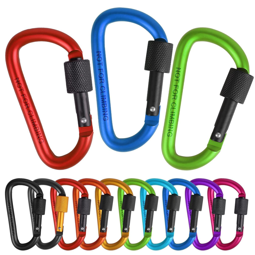 10 Pack Aluminum D Ring Key Rings Hiking Clips Locking Carabiner for Hiking Camping Fishing and Outdoor Use，Clips with Screw Gate Multicolored