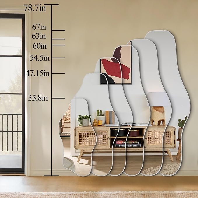 Large Irregular Mirror, 63"x30" Silver Asymmetrical Tempered Glass Mirror, Modern Organic Frameless Wall Mirrors for Living Room Bedroom Hallway Entryway, Horizontal or Vertical Hanging