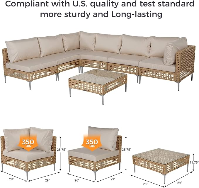 Grand patio 7-Piece Wicker Patio Furniture Set, Boho Outdoor Conversation Set Sectional Sofa with Water Resistant Thick Cushions and Coffee Table, Cream