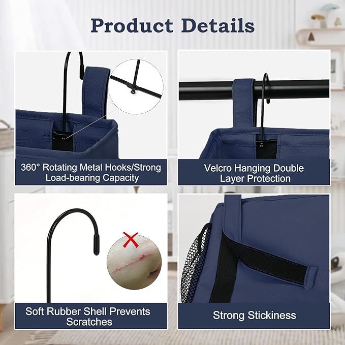 Surblue Bedside Organizer with Hook Bedside Caddy Hanging Storage Bag with Adjustable Straps and Water Bottle Holder for Home College Dorm Bunk Bed Accessories, Crib Bed Rails, Hospital Bed，Navy