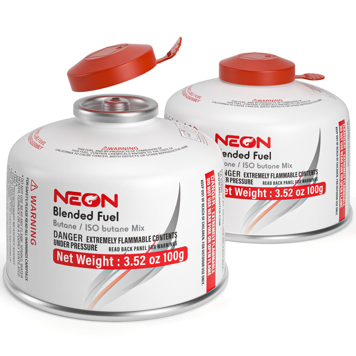 NEON Isobutane Fuel Canister, Portable Camping Gas 100g, Efficient and High Output Butane for Camp Stove, Backpacking, Hiking, Lanterns, Outdoor Cooking, Suitable for All Seasons, 2 Cans