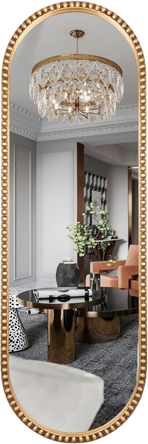 Oval Full Length Mirror, 16"x47" Metal Beaded Frame Large Hanging Dressing Floor Mirror for Bedroom, Living Room, Entryway, Antique Gold (No Stand)