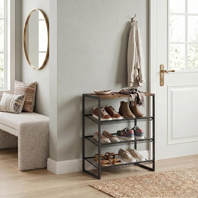Shoe Rack，4 Tier Shoe Storage Organizer，Sturdy Shoe Shelf,Boot Rack with a Fine Mesh Shelves，for Entryway, Living Room, Hallway，Small Space,11.8 x 16.5 x 27.9 Inches,Brown