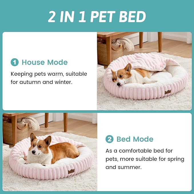 Small Dog Bed with Hooded Blanket, Round Fluffy Anti-Anxiety Pet Bed for Small Dogs & Medium Dogs, Cozy Donut Cuddler with Machine Washable Faux Fur & Anti-Slip Bottom(26"×26"×7",Pink)