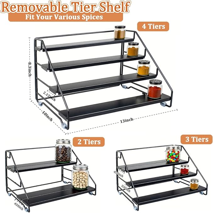 4 Tier Spice Rack Organizer for Cabinet, Step Adjustable Spice Shelf Seasoning Organizer with Non Slip Tiers, Expandable Metal Spice Rack for Kitchen Countertop, Pantry, Cupboard – Black