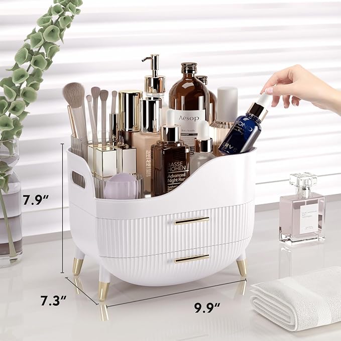 Makeup Organizer for Vanity, Large Capacity Skincare Cosmetic Organizer Countertop with 2 Drawers, Cosmetic Display Cases Makeup Storage Box for Bedroom, Bathroom, Ideal Gifts for Women(White)