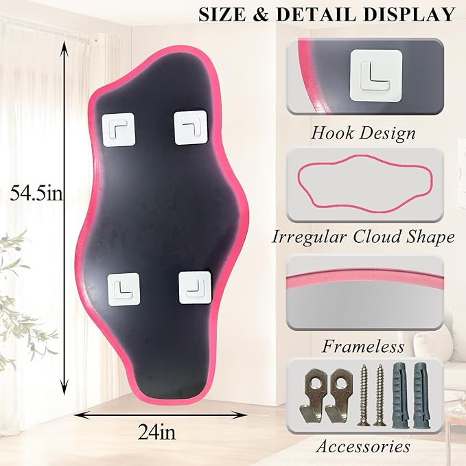 Large Irregular Mirror, 54.5"x24" Asymmetrical Tempered Glass Mirror, Pink Modern Organic Frameless Mirrors for Living Room Bedroom Hallway Entryway, Horizontal or Vertical Hanging