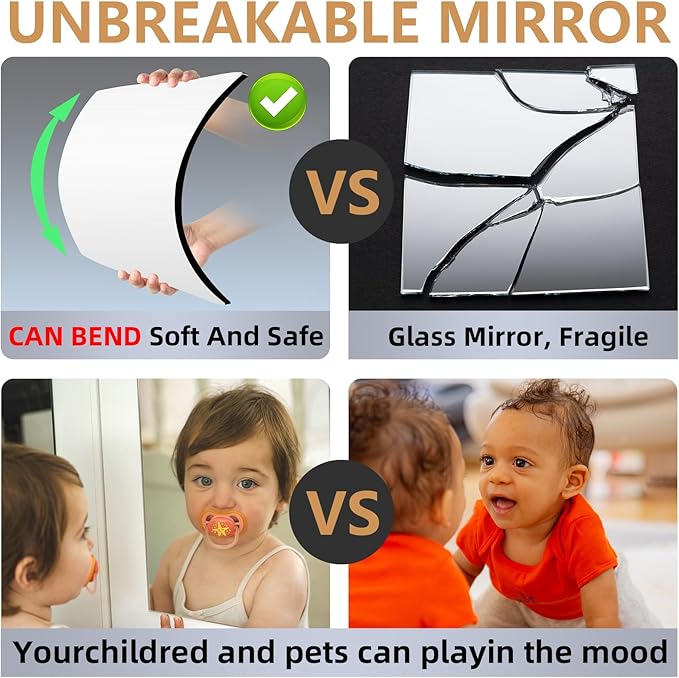 Stick on Small Mirror for Wall Decor, 4 Pack 11.7”x11.7” Acrylic Mirror Tiles, Plastic Non Glass Sticky Kids Safety Toddler Mirrors, Shatterproof Mirrors Sheet for Bedroom Closet