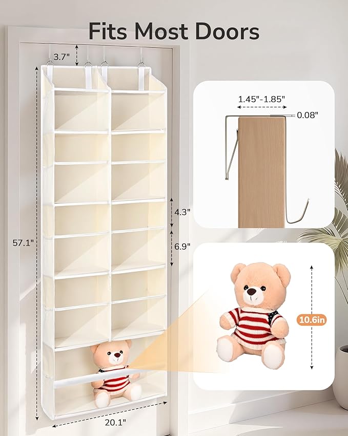 ULG Over the Door Organizer, 5-Tier Hanging Storage with Clear Windows, 19 Pockets for Closet, Pantry, Bathroom & Nursery Doors, Extra Large Storage Space with 4 Hooks, Easy to Install, Beige, 1-Pack
