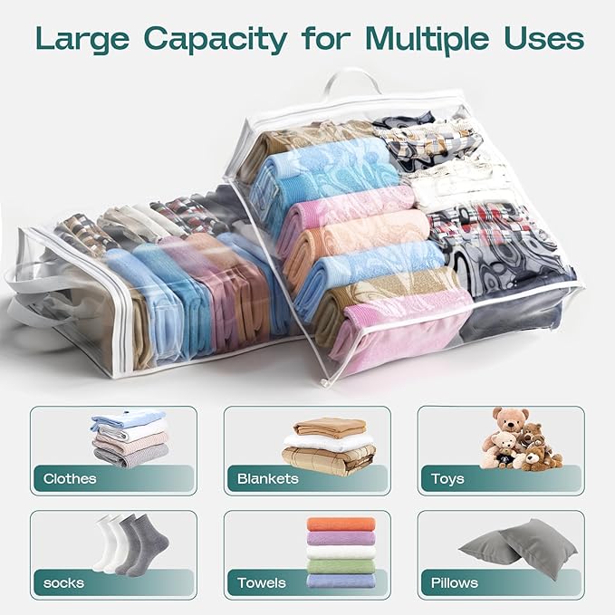 10PACK Clear Zippered Storage Bags for Clothes, 22L Closet Organizers Bag, and Blanket Storage Bags for Bedding, Linen, Blankets, Comforters, Clothing & Toys (White)
