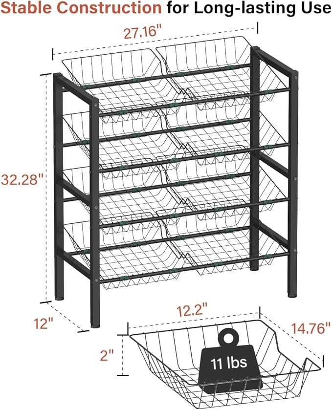 4-Tier Kitchen Storage Rack, Metal Pantry Storage Stand, Fruit Basket Stand with 8 Fruit Vegetable Baskets, Freestanding Snack Organizer Shelf Unit for Living Room, Office, Apartment, Black