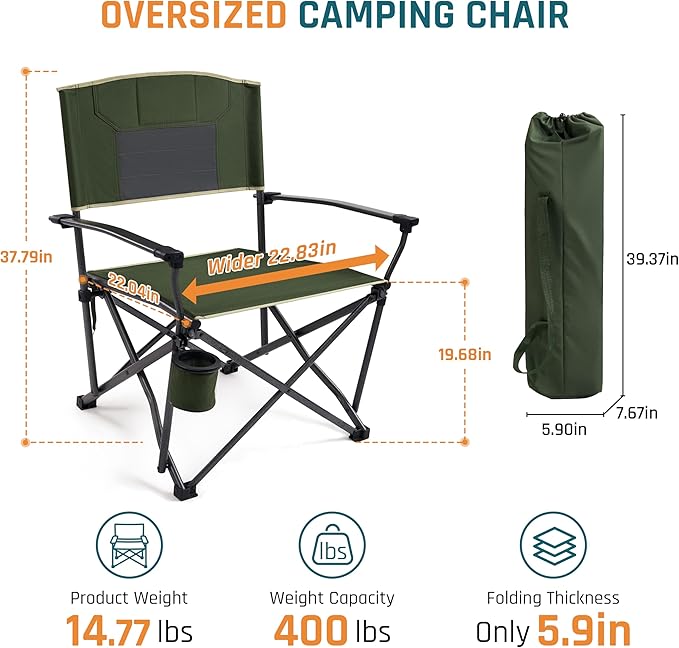 Folding Camping Chairs for Adults Heavy Duty Plus Size Camping Chairs 400 lb Steel Frame Metal Arm Lawn Chairs with Cup Holder, Extra Large Camp Chair for Outdoor Sports, Green 4 Pack (2 Pack x 2)