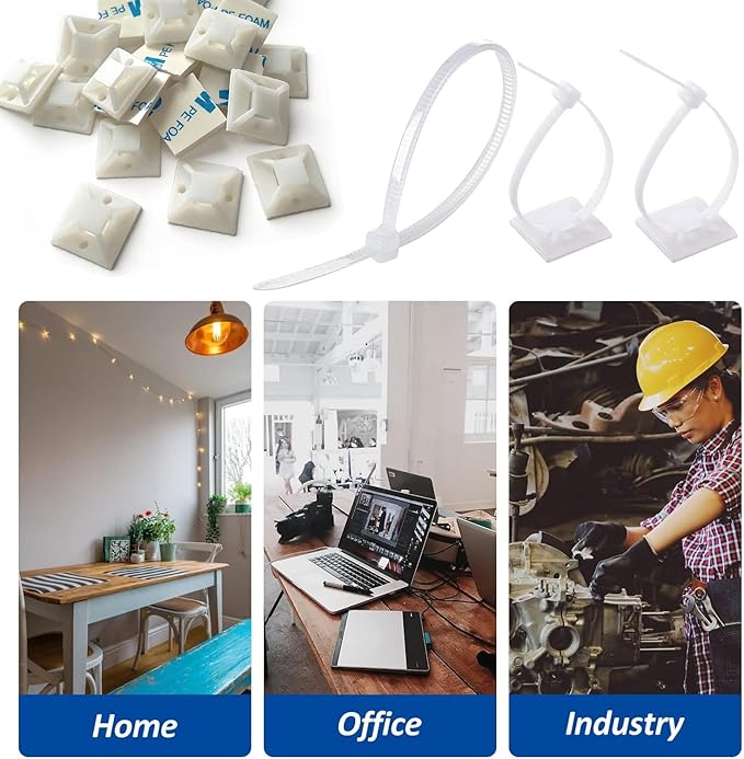 Strong Back-Glue Self Adhesive Cable Zip Tie Mounts Kit - 100 Set Cable Management Clips with 6" Zip Ties, Wire Holders - Outdoor Sticky Wire Organizer Clips - White