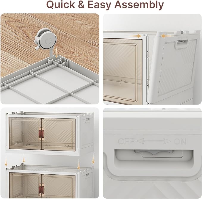 UAMFURI Stackable Storage Bins with Lids, 1440QT Lockable Storage Cabinet, Foldable Storage Box with Doors and Wheels, Plastic Drawers for Home, Garage, Office (8, White, Extra Large)