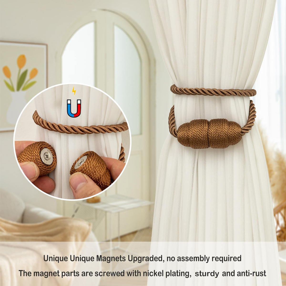 Magnetic Rope Curtain Tiebacks 6 Pack Holders for Drapes and Curtains (6 Count)