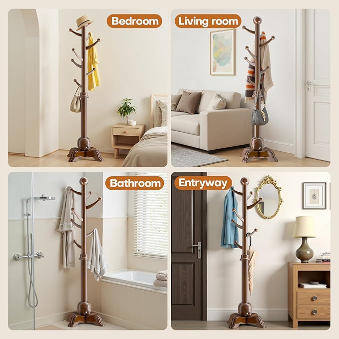 Hall Tree, Freestanding Wood Tree Rack with 7 Hooks, Coat Rack with Stable Sphere Base, Wooden Coat Rack Stand, Load 210 lb, Coat Hanger Stand for Entryway, Hallway, Bedroom, H:72 in, Walnut