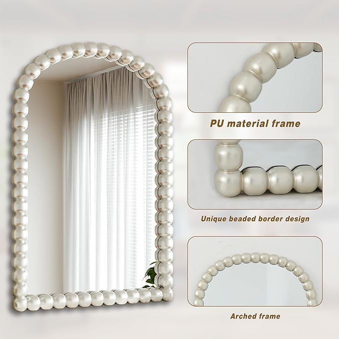 31"×32" Silver Arched Bathroom Vanity Mirror, Vintage Beaded Decorative Wall Mounted Makeup Mirror, as Wall Decor Hanging Leaning for Fireplace Mantle, Living Room, Bedroom, Vanity Area