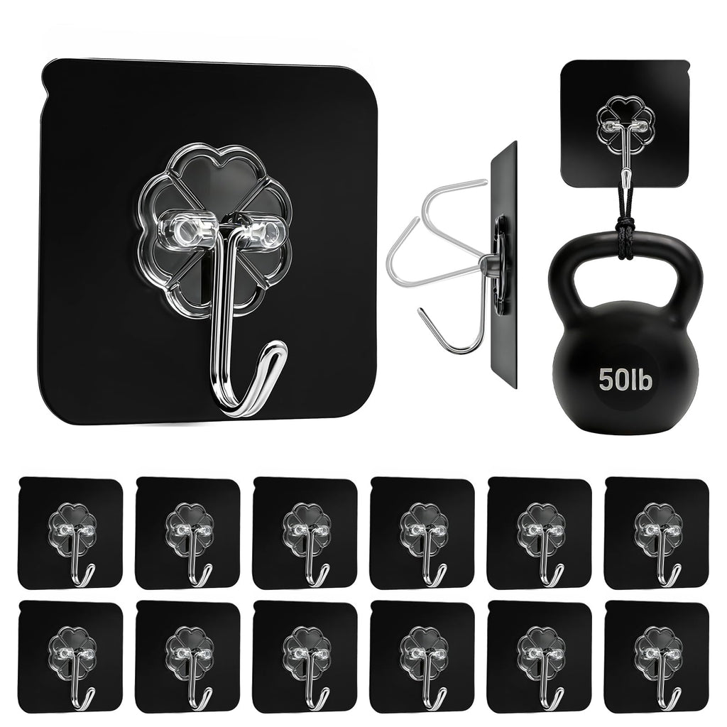 Black Heavy Duty Adhesive Hooks 2026 Upgraded 50lbs（Max） Sticky Wall Hooks for Hanging 12 Pack No Damage Hook Strong Waterproof Bathroom (12 Count)