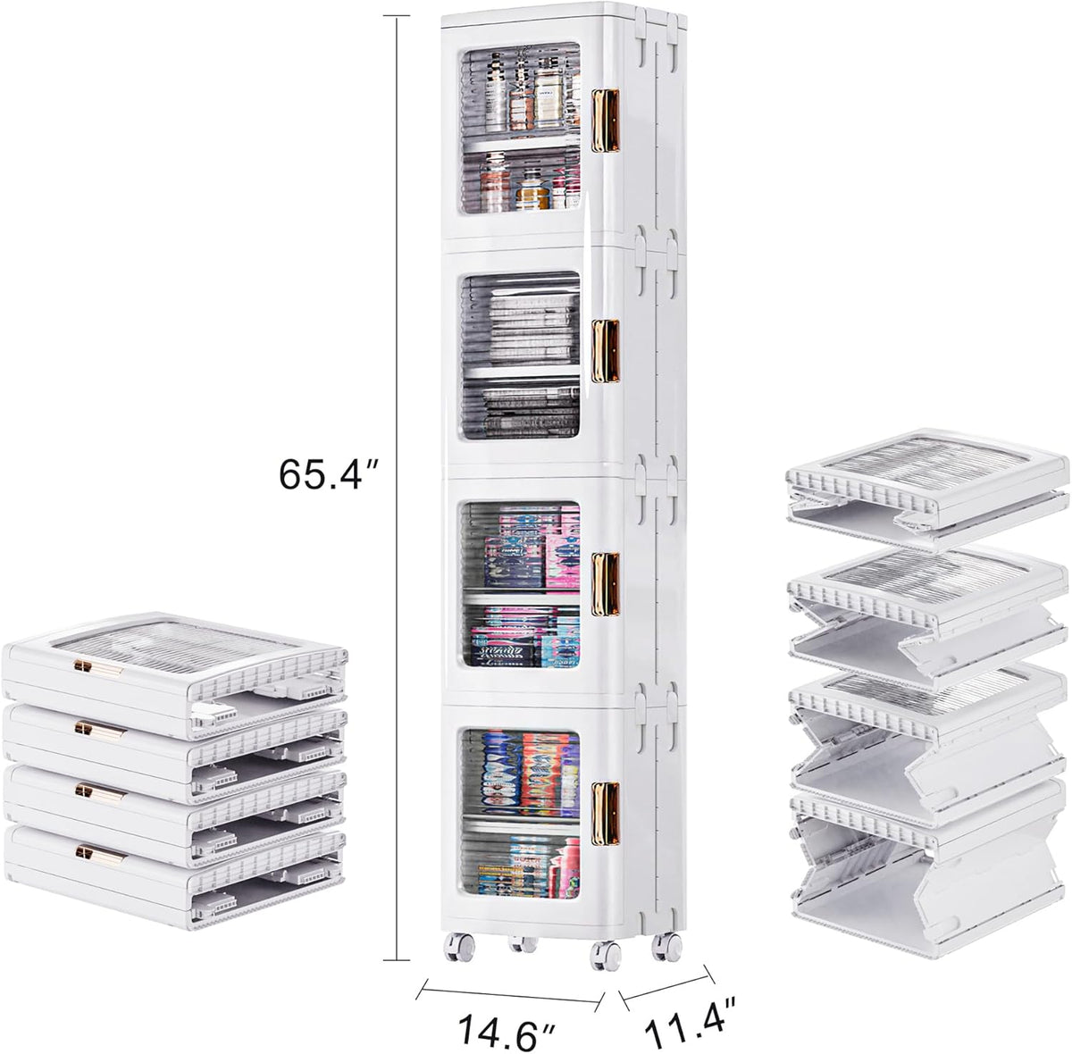 VECELO 4-Tier Tall Narrow Storage Cabinet with Movable Wheels, Adjustable Shelves, Anti-Tip, Slim, for Small Space, Bathroom, Kitchen, Laundry, White