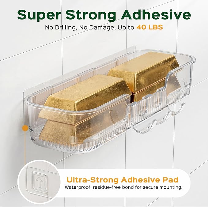 HAMITOR Adhesive Shower Caddy for Bathroom：5 Pack Clear Bath Shelves No Drilling for Modern Renters & Home Decor - Rustproof Acrylic Shower Organizer for Bathroom Storage