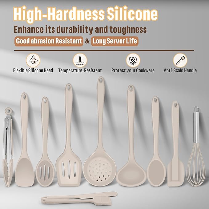 Silicone Kitchen Utensils Set, E-far 23 Pcs Khaki Cooking Utensils Tools with Holder for Nonstick Cookware, Include Spatula/Spoon/Ladle/Tongs/Turner, Heat Resistant & Nontoxic, Dishwasher Safe