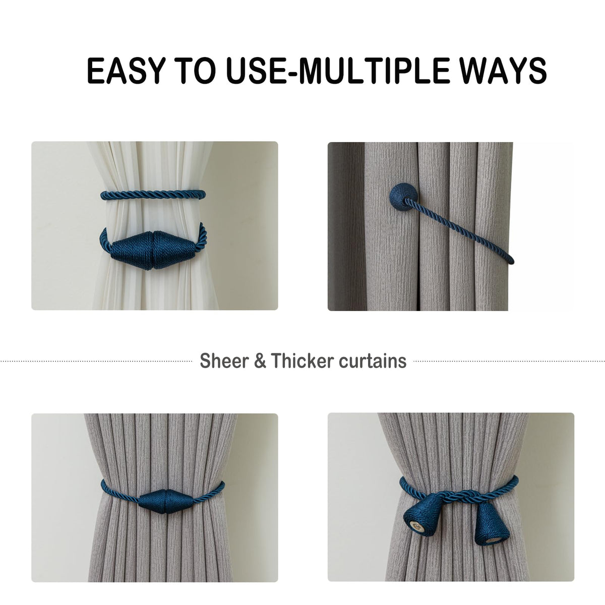 Magnetic Curtain Tiebacks 6 Pack Outdoor Rope Curtain Tie Backs Decorative Window Treatment Holdbacks for Home Decorative Curtain (6 Count)