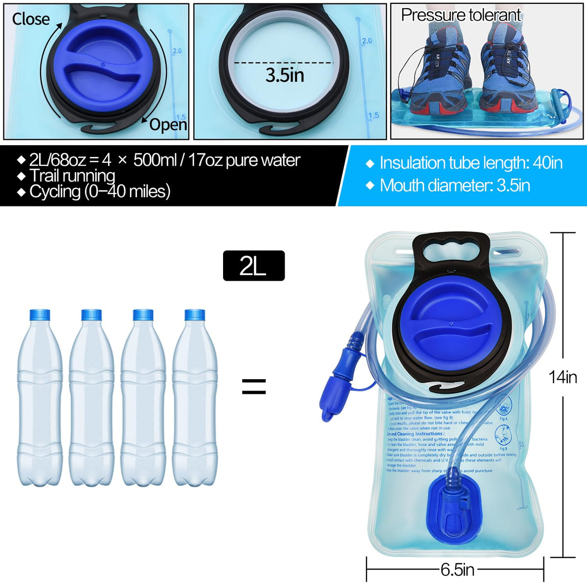 Mdvora 1.5L/2L/2.5L/3L Hydration Bladder, Large Opening Water Storage Bladder Bag, for Cycling Hiking Camping(2L,1 Pack)