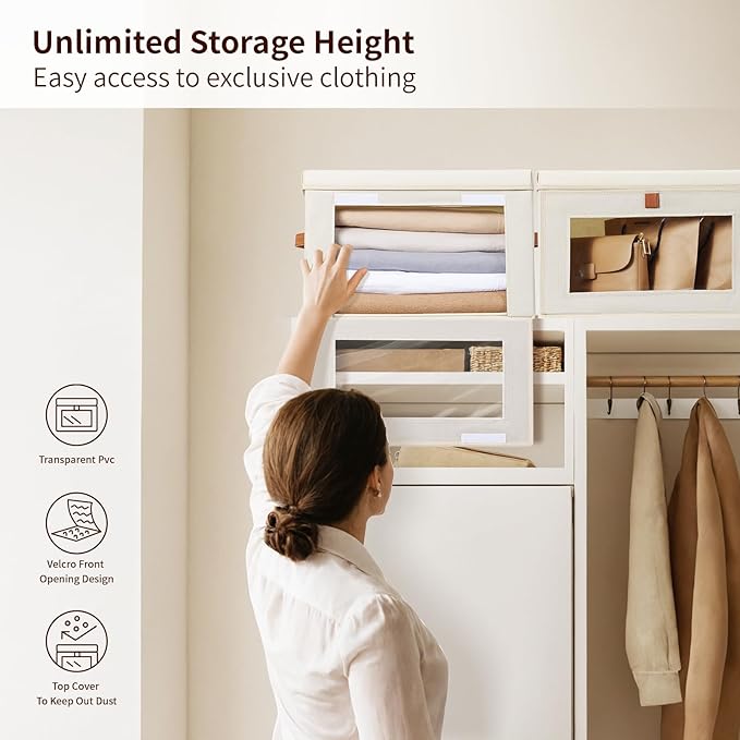 Homsorout Medium Fabric Storage bins - Collapsible Storage Bins with Open Window, 3 Pack Closet Baskets for Shelves, Stackable Decorative Boxes for Home, Dorm, Beige, 13.7"x 9.8" x 9.8"