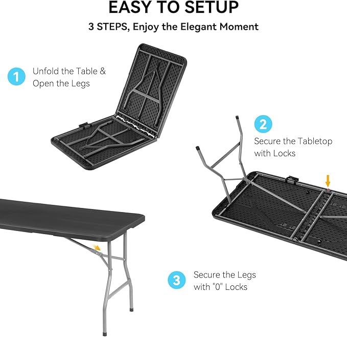 10 Pack of 6 Foot Foldable Table with Built in Handle & Steel Legs ,Heavy Duty Portable ,Perfect for Party, Dining, Wedding, Events, Picnic Indoor, Outdoor, Camping, Utility, Folding(Black-10pac)