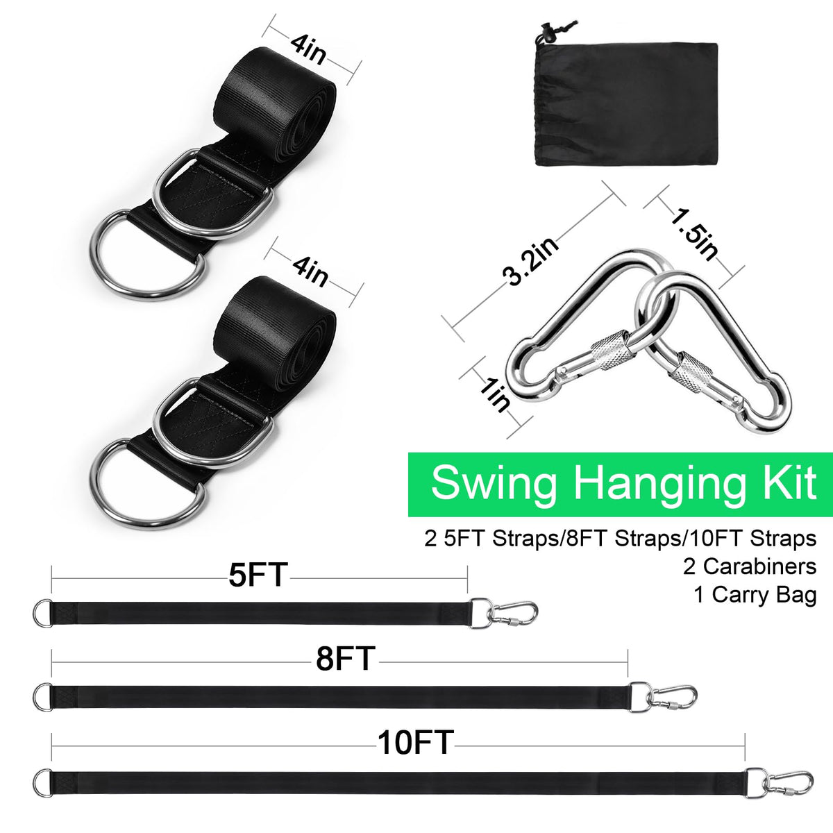 Tree Swing Hanging Straps Kit Holds 2000 lbs,8ft Extra Long Straps Strap with Safer Lock Snap Carabiner Hooks Perfect for Tree Swing Hammocks, Perfect for Swings,Carry Pouch Easy Fast Installation