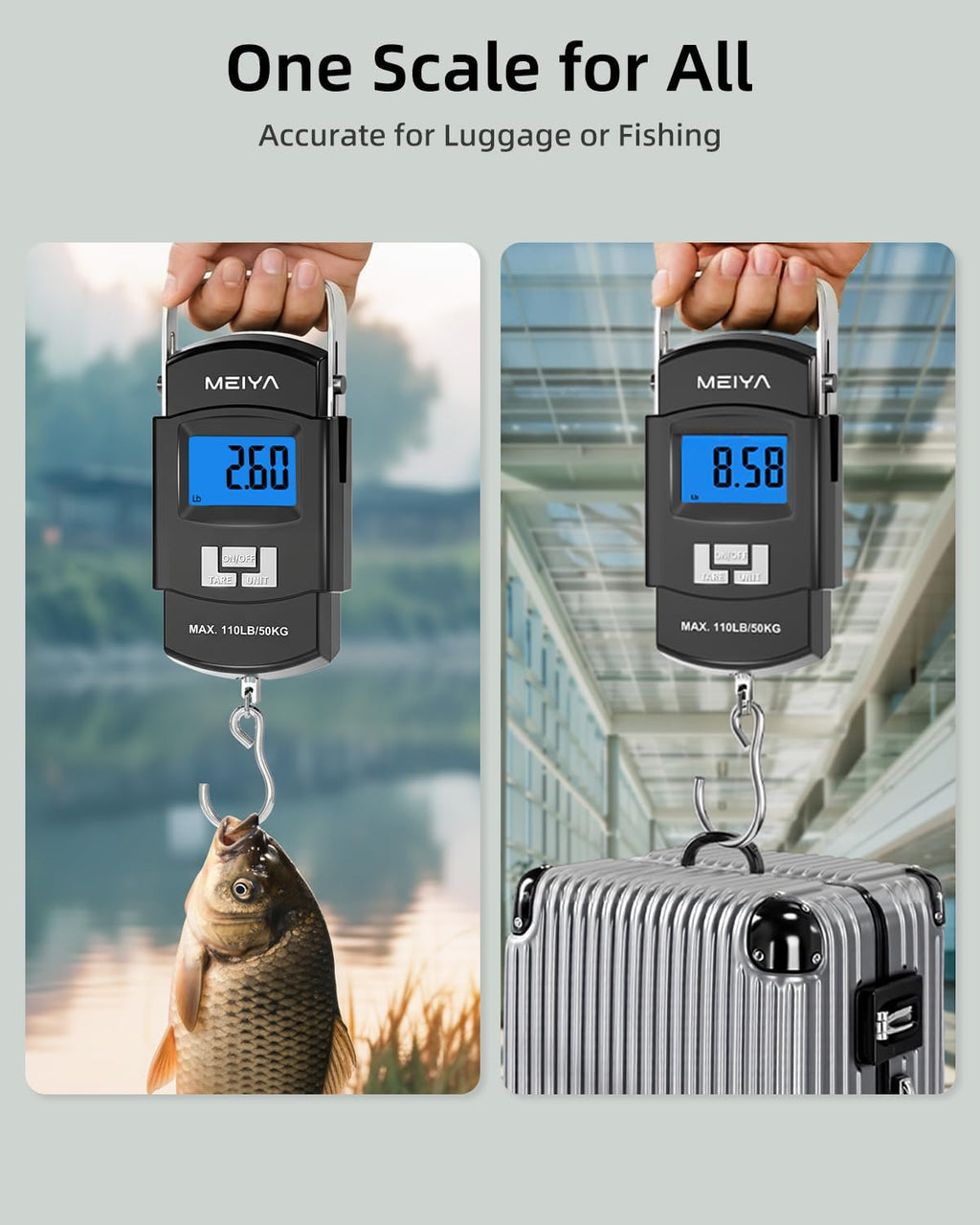 MEIYA Fish Scale 110lb/50kg Digital Fishing Scale with Backlit LCD, Portable Handle, Stainless Steel Hook & 2 AAA Batteries – Reliable Fishing Gear & Great Fishing Gifts for Men
