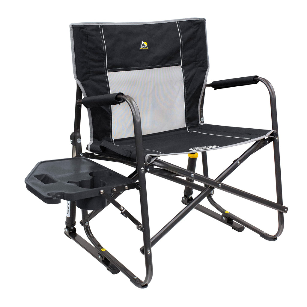 GCI Outdoor Freestyle Rocker XL with Side Table Camping Chair | Portable Folding Rocking Chair with Solid, Durable Armrests, Drink Holder & Comfortable Backrest — Black