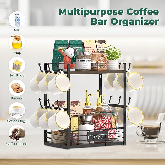 EsLuker.ly Coffee Mug Cup Holder Tree Bar Station Organizer, 2 Tier Mug Stand Rack for Countertop Kitchen, Storage Tower Display Shelf with 12 Hooks, Coffee Nook Enhancer, Brown-Black
