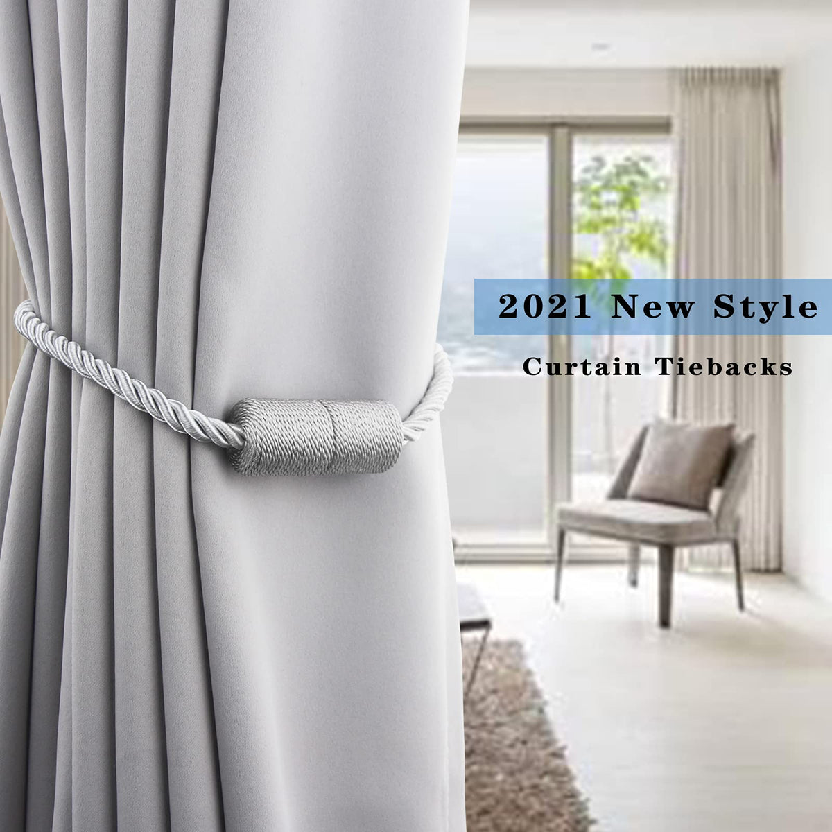 2 Pack Grey Strong Magnetic Curtain Tiebacks Outdoor Elegant Decorative Tie Backs Modern Rope Tiebacks for Drapes Window Curtain Holdbacks for Draperies (2 Count)