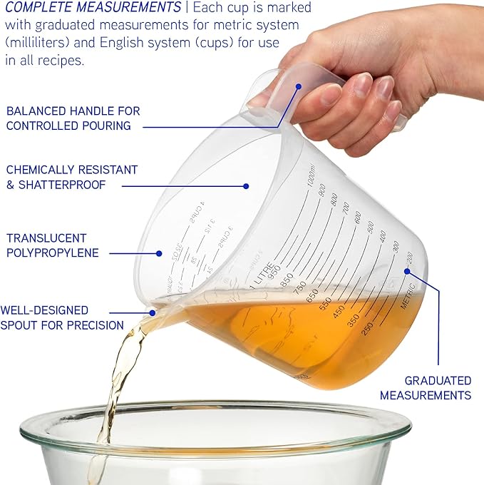 3pc Liquid Measuring Cups Set - 1 Cup, 2 Cup, 1 Quart | Clear Plastic Measure Cups with Long Handles