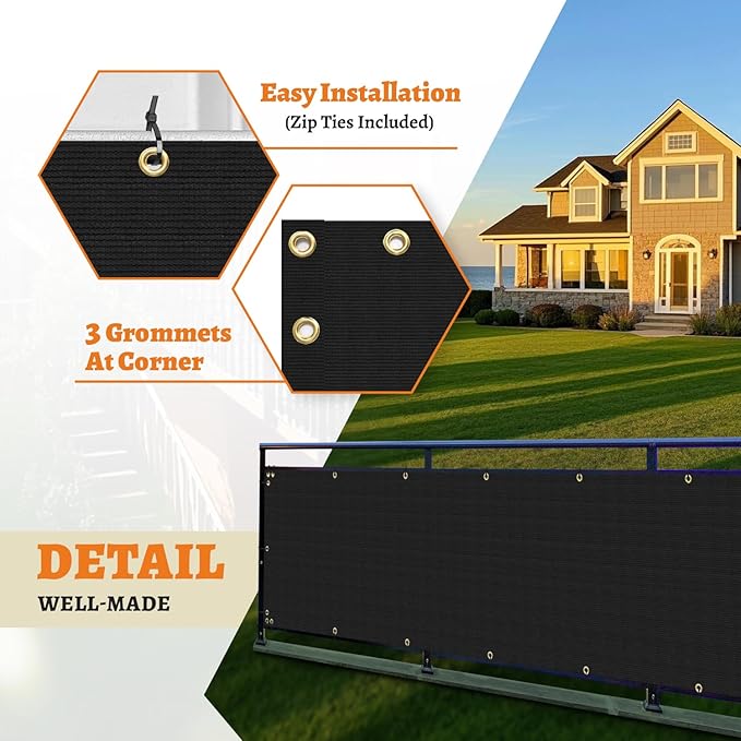 2.5' x 268' Balcony Privacy Screen Fence Cover with Zip Ties Grommets for Apartment Patio Porch Deck Backyard Outdoor (Black)