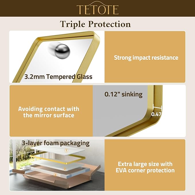 TETOTE Brushed Gold Bathroom Mirror 40 x 24 Gold Metal Framed Bathroom Mirror, Tempered Glass, Modern Farmhouse Wall Mounted Mirror for Decorative(Horizontal/Vertical)