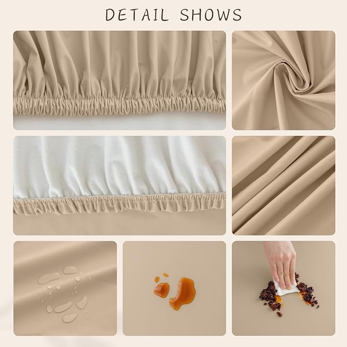 Round Fitted PU Tablecloth with High Elastic Edge 31 Inch Dia Waterproof Oil Proof Table Cloth Anti-Scald Stain-Resistant Wipeable Table Cover for Indoor Outdoor Picnic (Beige,31" Dia)