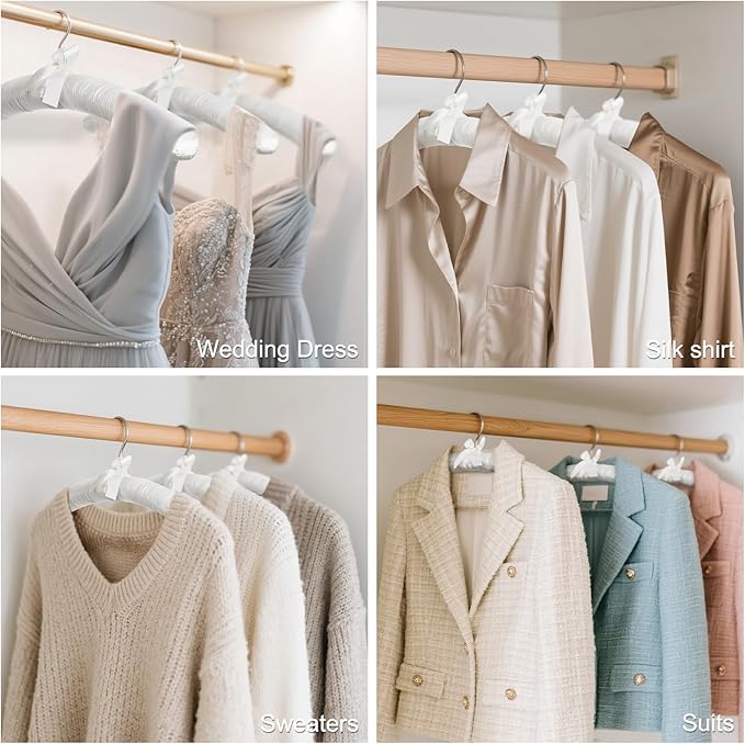HOUSE DAY 17 Inch Satin Padded Hangers for Women, 10 Pack Heavy Duty Silk Hangers with Swivel Hooks, No Shoulder Bump Thick Foam Hangers for Sweater, Wedding Dress, Coat & Delicate Cashmere - White