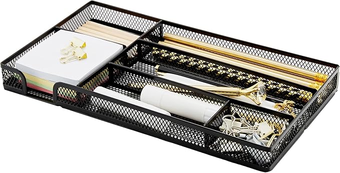Annova Desk Drawer Organizer Tray for Office Organization - Metal Mesh - Storage Tray with Dividers for Pens, Desktop Accessories, Bathroom, Kitchen, Makeup and Office Supplies (Small, Black)