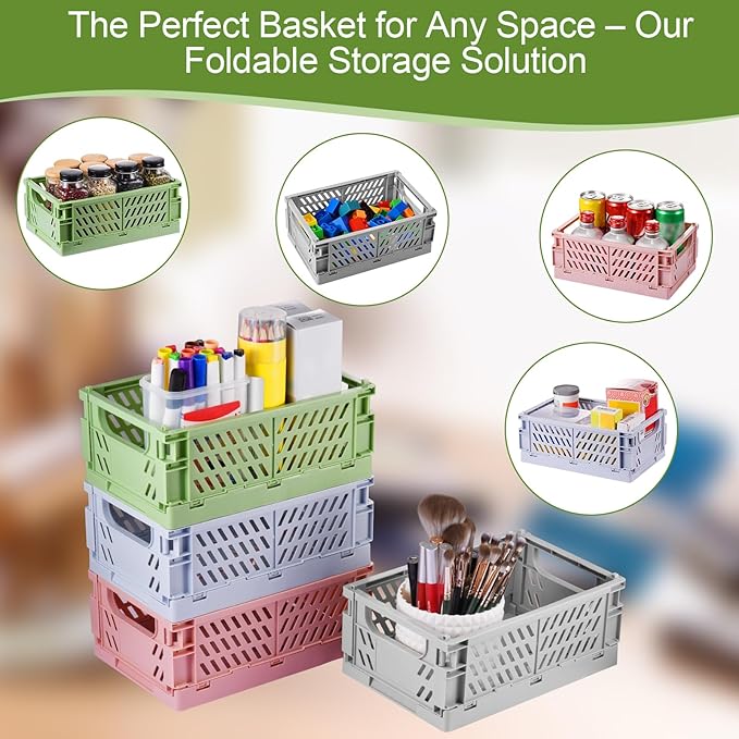HUUSMOT 4-Pack Small Pastel Plastic Storage Baskets, Collapsible Crates for Organizing, Space-Saving Mini Bins for Classroom, Kitchen, Office, Bedroom (Yellow, 9.8" x 6.5" x 3.8")