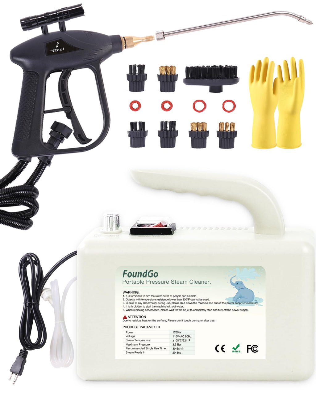 1700W Tankless Handheld Steam Cleaner with 7 Brushes 20s Heating to 239℉ Pressurized Portable Steam Cleaner