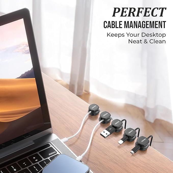 Never-Lose 1s Lock Spring Cable Solution – Rotatable Cable Clips, Strong Adhesive Cord Organizer & Wire Holder for Desk, Car & Nightstand, Secure Cable Management, 8 Pack (Black)
