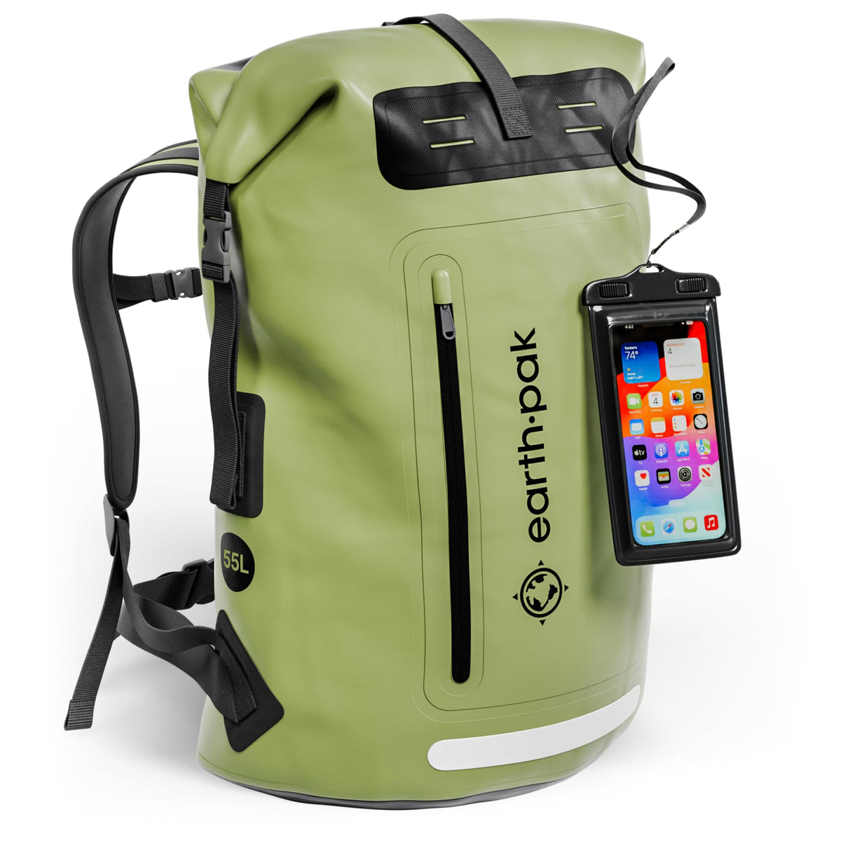 Earth Pak Waterproof Backpack - Heavy Duty Hiking Backpack - Roll-Top Closure Bag - Cushioned Dry Bag Waterproof Phone Case