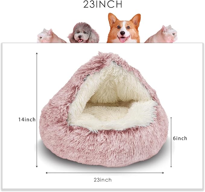 ShinHye Cat Bed Round Plush Fluffy Hooded Cat Bed Cave, Cozy for Indoor Cats or Small Dog beds, Soothing Pet Beds Doughnut Calm Anti-nxiety Dog Bed - Waterproof Bottom Washable (26×26inch, Pink)