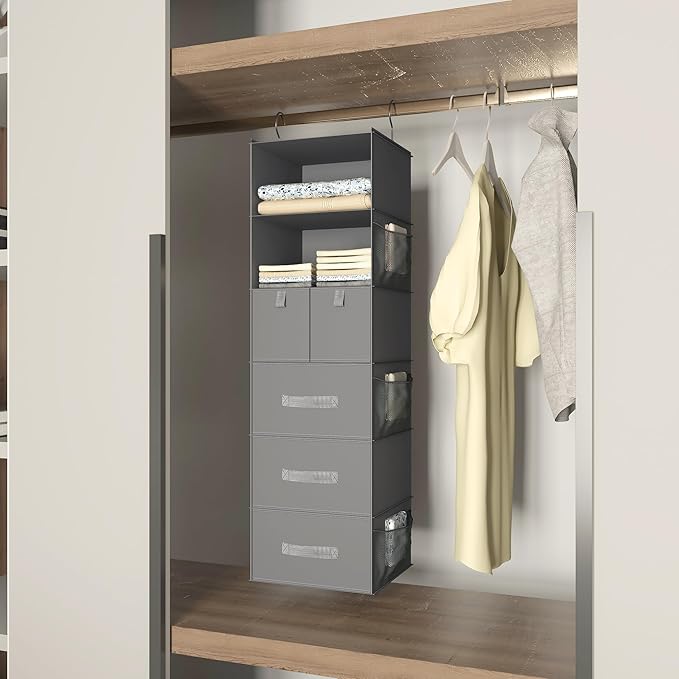 6-Shelves Hanging Closet Organizer with 5 Different Drawers, Foldable Closet Organizers and Storage for Wardrobe, Closet& RV, Clothes and Accessories Storage, Non-Woven Fabric, Gray