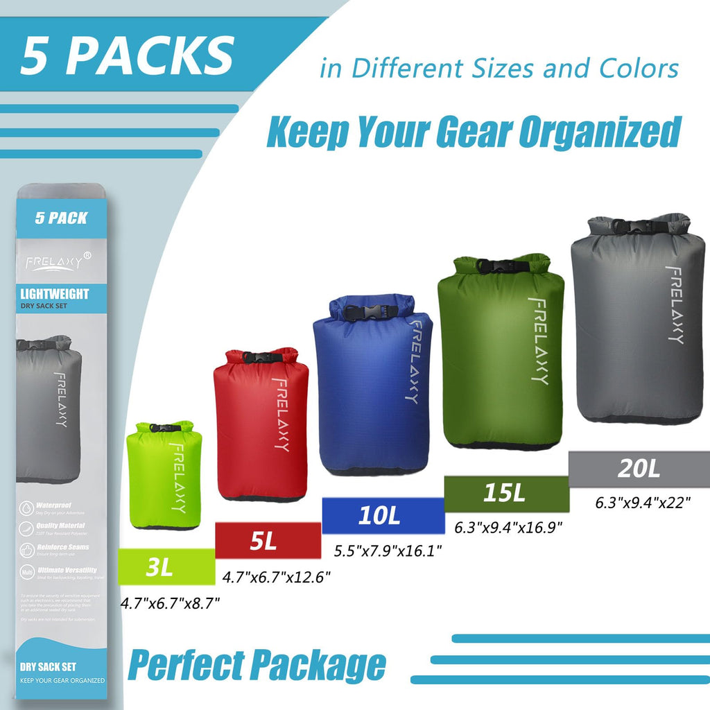 Frelaxy Dry Bag 5 Pack, Ultralight Waterproof Dry Sack for Outdoor Use