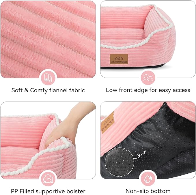Cat Dog Bed for Pets, Rectangle Pet Bed Gift for Puppy and Kitten, Machine Washable Calming Fluffy Pet Couch Sofa for Indoor Outdoor, Portable Soft Cat Bed with Non-Slip Bottom (Small, Pink)