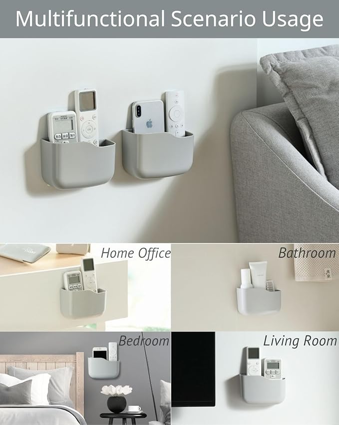 LINFIDITE 2 Pack TV Remote Holder Wall Mount Remote Control Holder for Bed Universal Bedside Wall Remote Holder Caddy Organizer Hole-Free Remote Control Holder (For 2 Or 3 Remote Controls–Gray